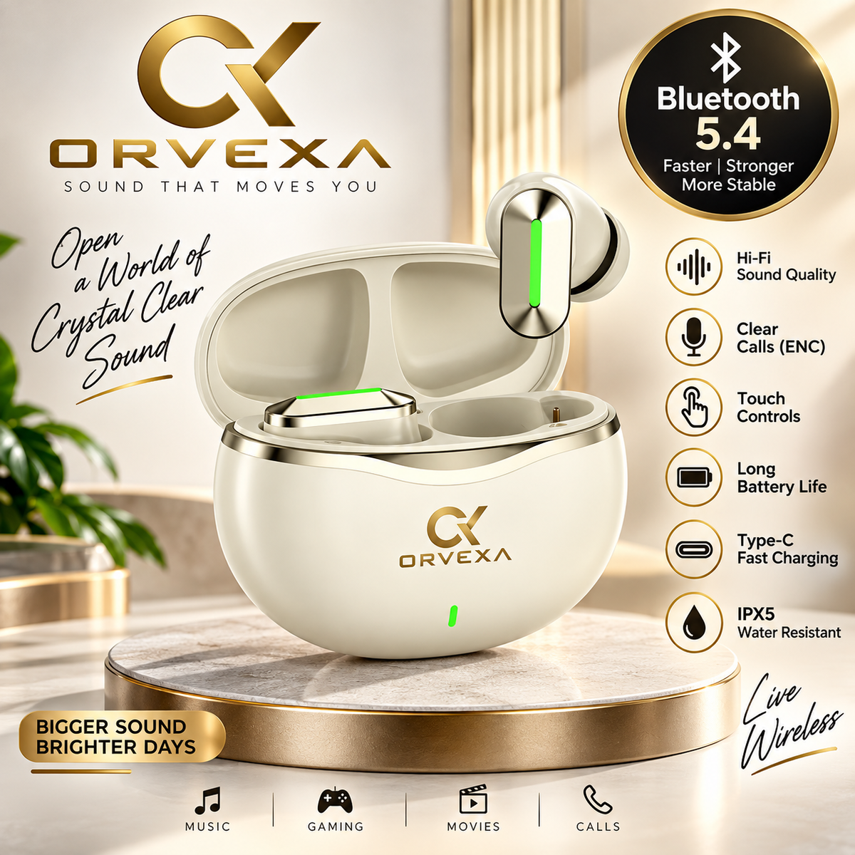 ORVEXA Firefly TWS Earbuds – 13mm Driver, 50 Hrs Playtime, Bluetooth 5.4