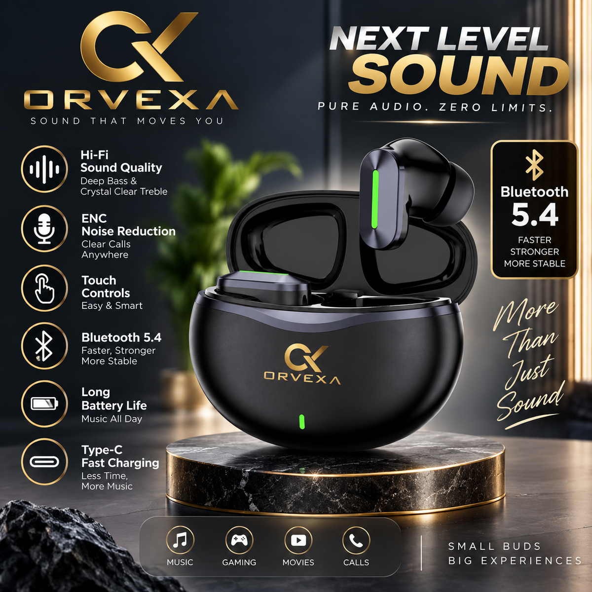 ORVEXA Firefly Earbud – 50 Hrs Playtime, 13 mm Driver, Black